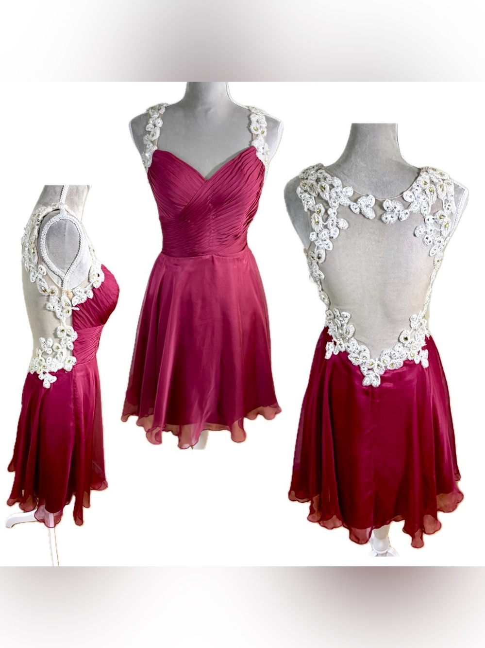 Lara Design Magenta Cocktail Dress 2 Illusion Back 3D Floral Princess Glam Chic
